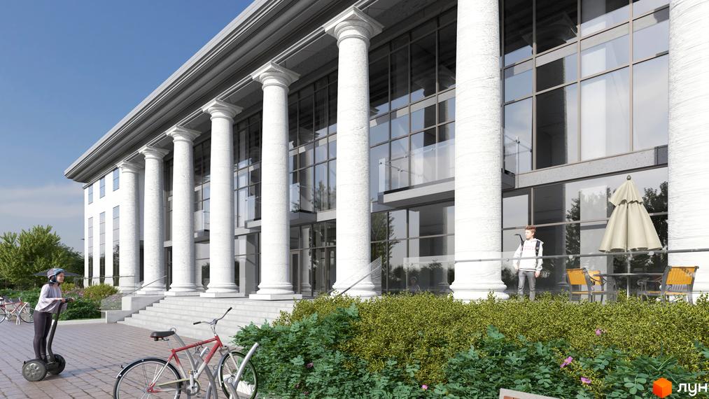 Житловий комплекс Park Residence: фасади з колонами та скляними елементами, прибудинкова територія з зеленими насадженнями та велосипедами.