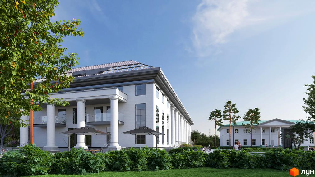 Житловий комплекс Park Residence: біла будівля з колонами та скляним дахом, зелена прибудинкова територія з деревами та кущами.