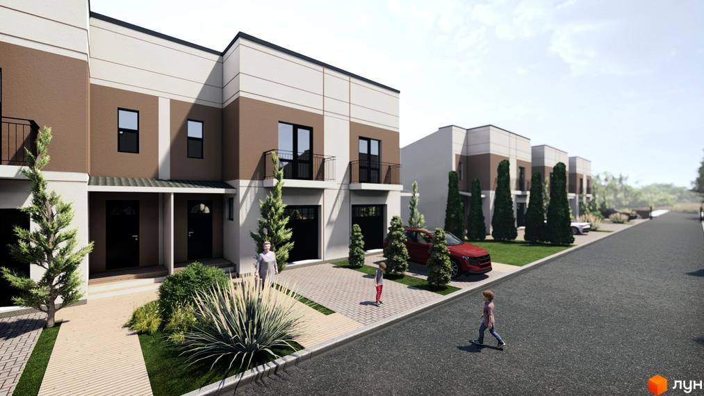 Котеджне містечко EffectHOME 11: фасади будинків з коричневими та білими елементами, балконами та чорними вікнами. Прибудинкова територія з деревами, доріжками та автомобілями.