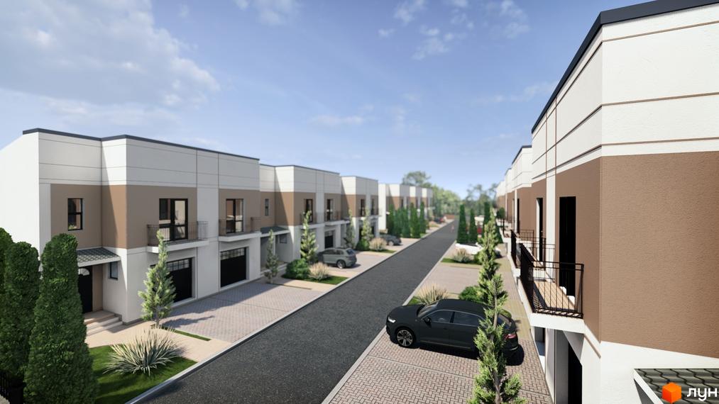 Котеджне містечко EffectHOME 11. Зовнішній вигляд будинків з коричнево-білим фасадом, балконами та гаражними воротами. Прибудинкова територія з доглянутими деревами та автомобілями.