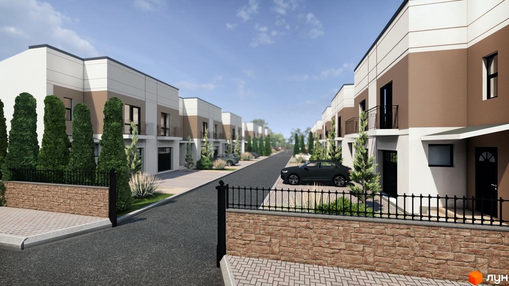 Котеджне містечко EffectHOME 11: фасади будинків з коричневими та білими елементами, огороджена територія з туями та парканом.