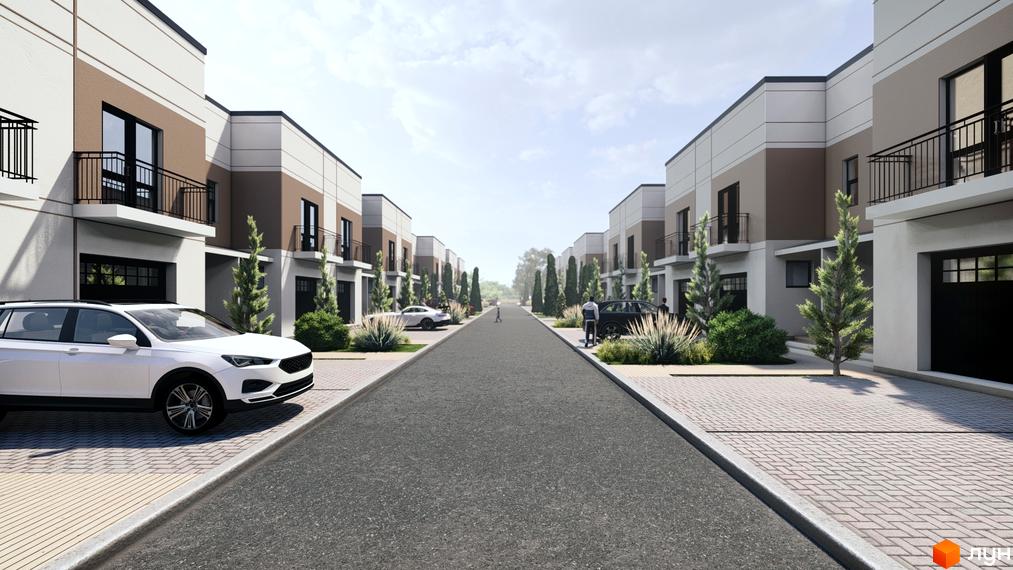 Котеджне містечко EffectHOME 11: фасади будинків з балконами та гаражами, вулиця з автомобілями та зеленими насадженнями.