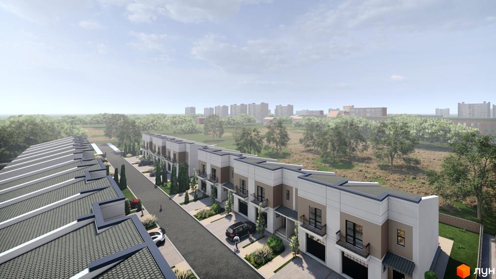 Котеджне містечко КМ EffectHOME 11: фасади будинків з панорамними вікнами та балконами, прибудинкова територія з доглянутими газонами та деревами.