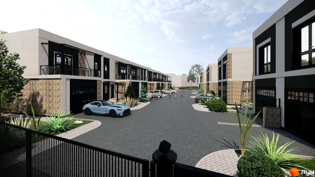 Зображення сторінки житлового комплексу КМ EliteHOME. На фото ряд будинків з гаражами, фасади оздоблені світлою штукатуркою та каменем, є чорні елементи. На території є машини та зелені насадження.