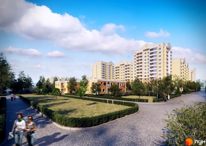 Житловий комплекс Софія Київська з фасадами у світлих тонах. На території комплексу є зелені зони та доріжки для прогулянок.