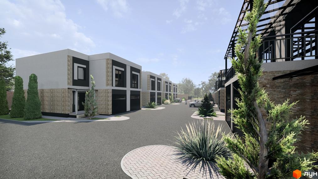 Зображення житлового комплексу EliteHOME. Двоповерхові будинки з темними гаражами та світлими стінами, оздоблені каменем. Доглянута прибудинкова територія з рослинами та бруківкою.