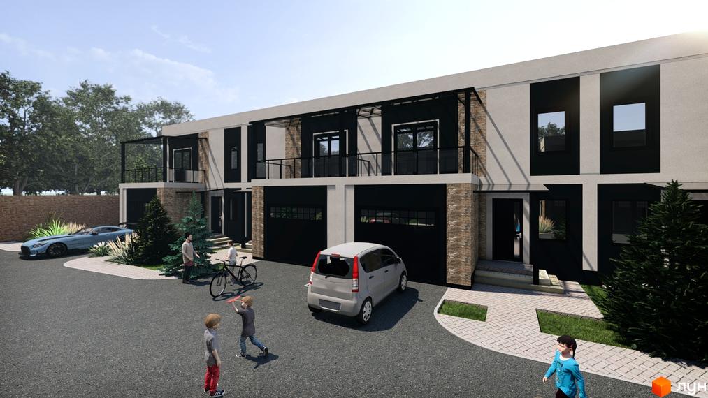 Зображення фасаду будинку КМ EliteHOME з темними гаражними воротами та світлими стінами. На території видно припарковані автомобілі та дітей, що граються.