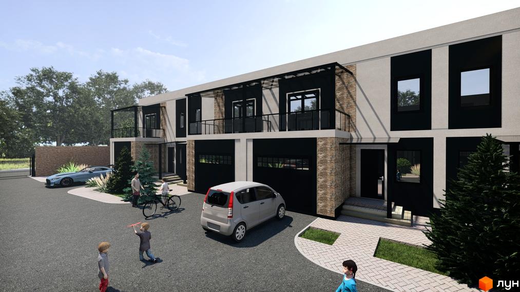 Зображення будинку Котеджне містечко EliteHOME з двома поверхами, чорними гаражними дверима та балконами. На території припарковані автомобілі та діти.