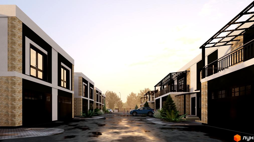 Зображення житлового комплексу EliteHOME. Двоповерхові будинки з чорними гаражними воротами та терасами, облицьовані світлою цеглою, з доглянутою прибудинковою територією.