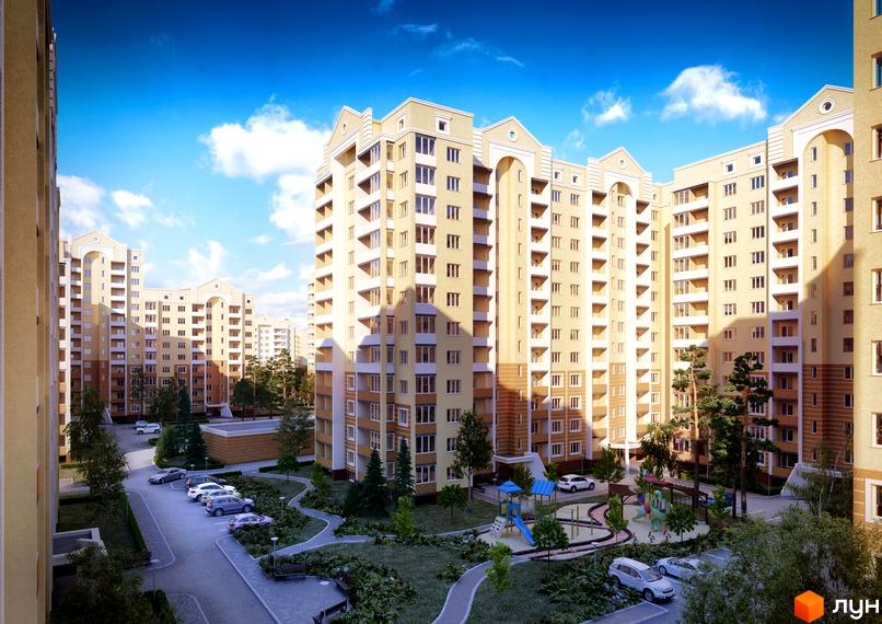 Високі будинки Житловий комплекс Софія Київська з великими вікнами та світлими фасадами. На прибудинковій території є парковка, дитячий майданчик та зелені насадження.