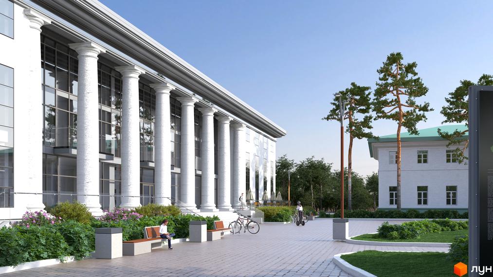 Житловий комплекс Park Residence з колонадою та парковою зоною. На території є лавки, велосипеди та люди на самокатах.