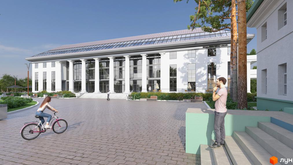 Житловий комплекс Park Residence з колонадою та скляним дахом, перед яким розташована брукована площадка з пішохідними доріжками, зеленими насадженнями та місцями для відпочинку.
