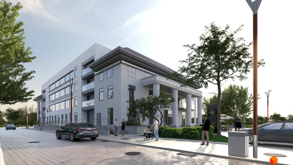 Житловий комплекс Park Residence - це сучасна новобудова з елегантним фасадом та колонами, що розташована біля доглянутої прибудинкової території з деревами та місцями для відпочинку.