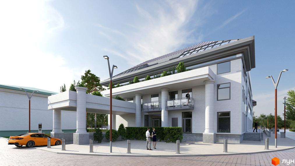 Фасад житлового комплексу Park Residence з колонами та балконами, прибудинкова територія з дорогою машиною та пішохідною зоною.