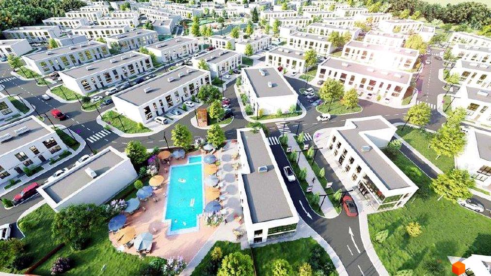 Зовнішній вигляд таунхаусів DREAM HOUSE та прибудинкова територія з басейном і зонами відпочинку. Сучасний житловий комплекс з акуратними вулицями та зеленими насадженнями.