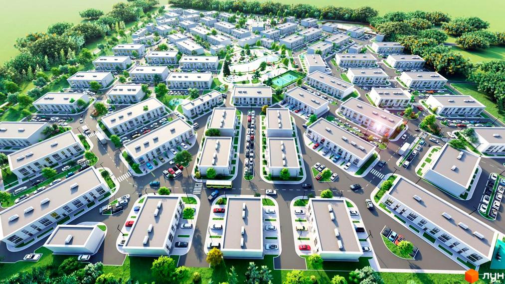 Вид згори на житловий комплекс DREAM HOUSE з білими таунхаусами та доглянутою прибудинковою територією з зеленими насадженнями та парковками.