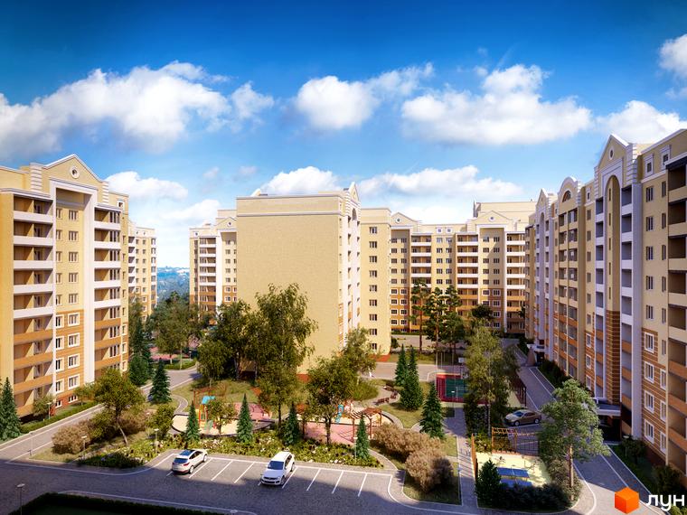 ЖК Софія Київська. Високі житлові будинки з пісочним фасадом. На прибудинковій території є парковка, дитячий майданчик та зелені насадження.