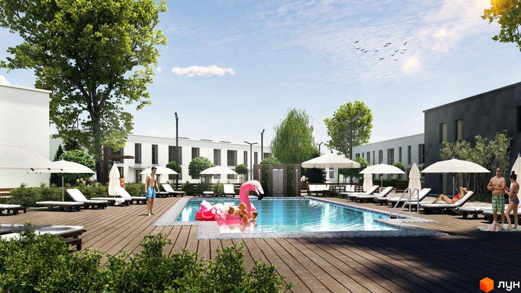 Зовнішній вигляд таунхаусів DREAM HOUSE з басейном та зоною відпочинку. Сучасна архітектура та затишна територія комплексу.