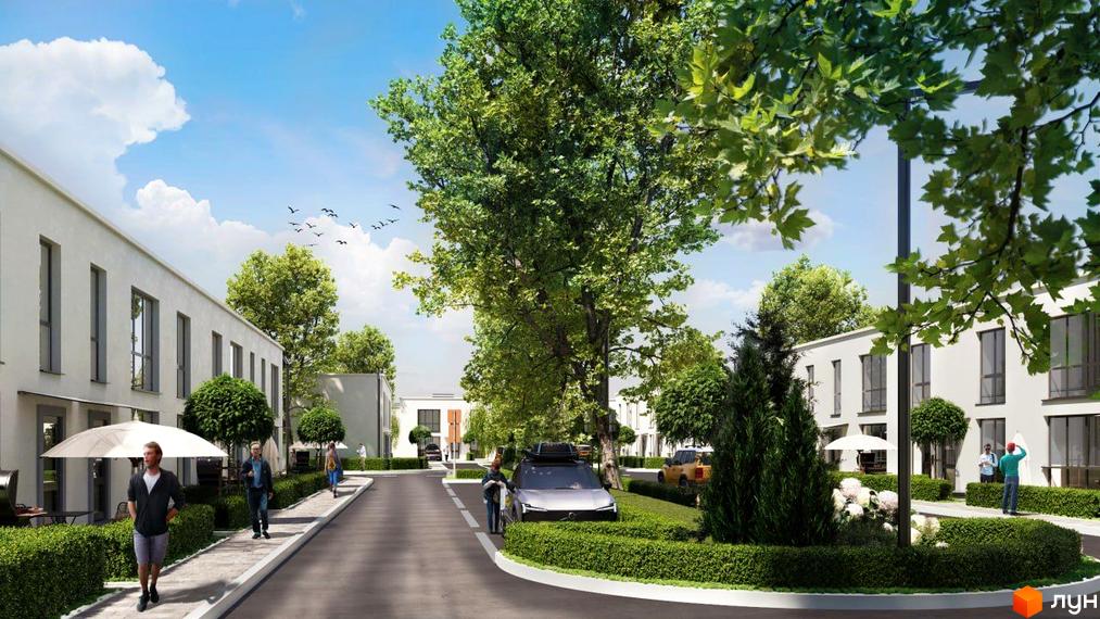 Таунхауси DREAM HOUSE: білі фасади, великі вікна, доглянута прибудинкова територія з деревами та кущами. Затишний двір з місцями для відпочинку.