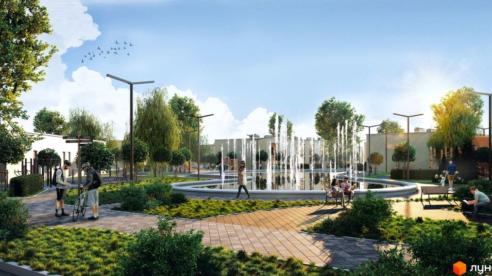 Таунхауси DREAM HOUSE з фонтаном та зонами відпочинку. Зелена прибудинкова територія з доріжками та лавками для мешканців.