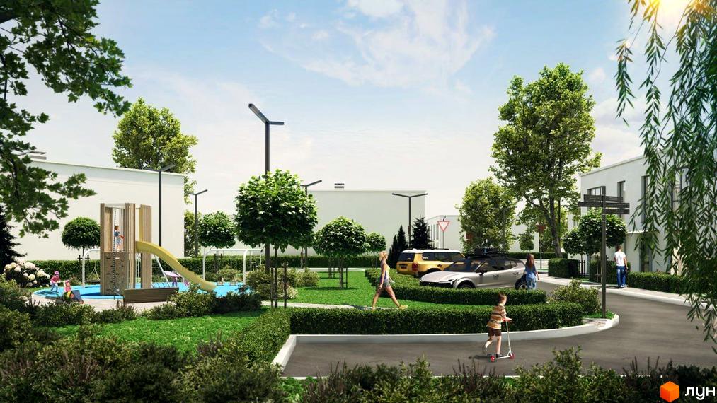 Таунхауси DREAM HOUSE: білі будинки з пласкими дахами, розташовані серед зелених насаджень, дитячого майданчика та паркувальних місць.