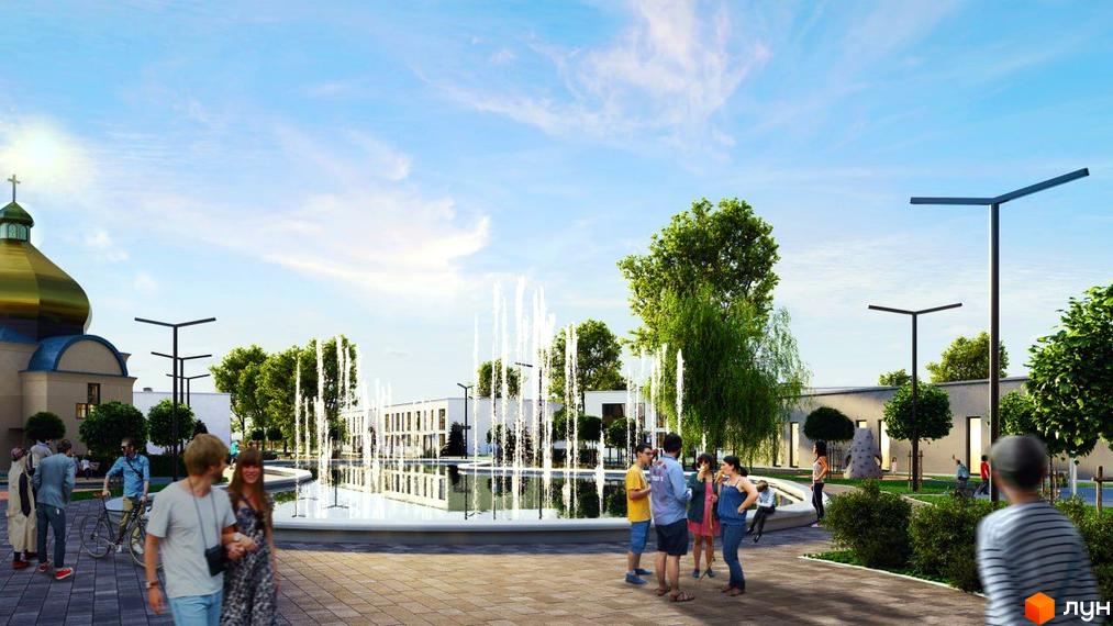 Комплекс DREAM HOUSE з золотим куполом церкви та фонтанами. Навколо комплексу зелені дерева та люди, що відпочивають.