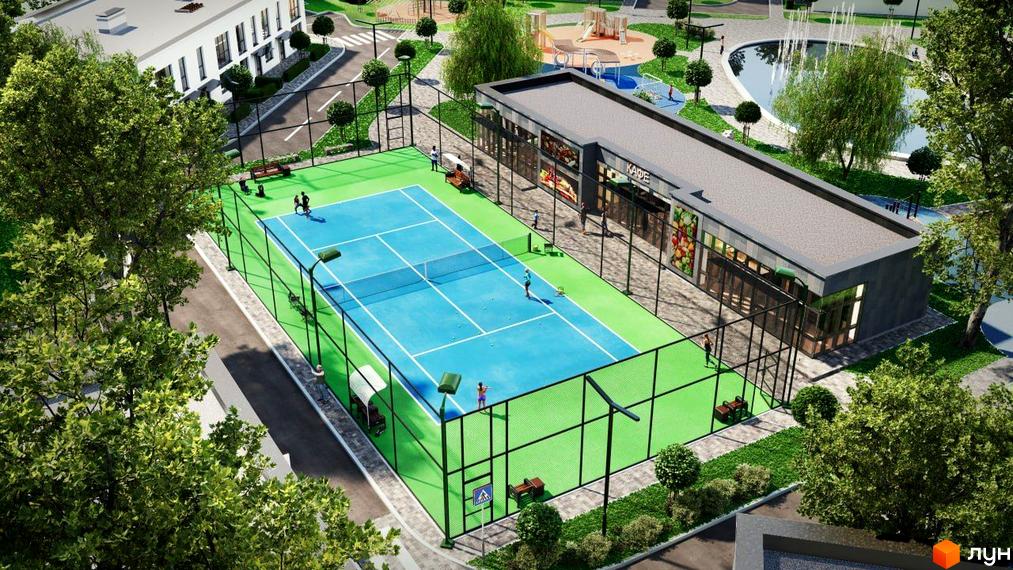 Таунхауси DREAM HOUSE з тенісним кортом та зоною відпочинку. Зелена територія комплексу з дитячим майданчиком та фонтаном.