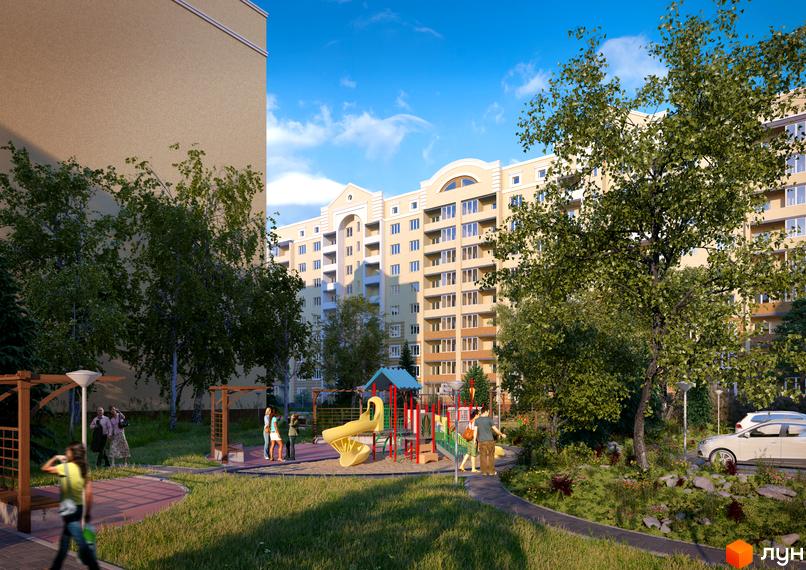 Житловий комплекс Софія Київська. Висотна будівля з безліччю вікон, поруч дитячий майданчик та зелена зона для відпочинку мешканців.