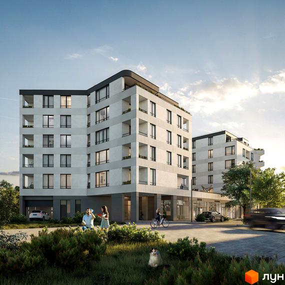 Житловий комплекс Central Park з багатоповерховими будинками світлого кольору та великими вікнами. Навколо будівель зелені насадження, пішохідна зона та дорога з автомобілями.