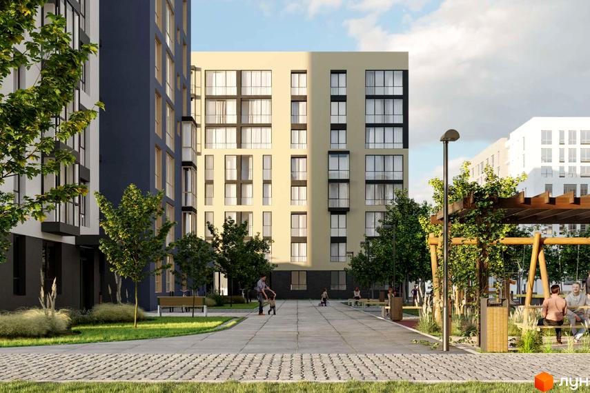 Зовнішній вигляд новобудови на вул. Текстильна, 21, з прибудинковою територією та місцями для відпочинку.