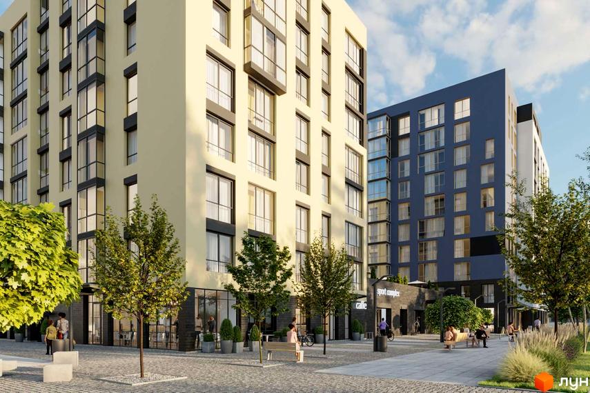 Фасад світло-бежевої новобудови з великими вікнами та синьою будівлею поруч. Прибудинкова територія з деревами та місцями для відпочинку.