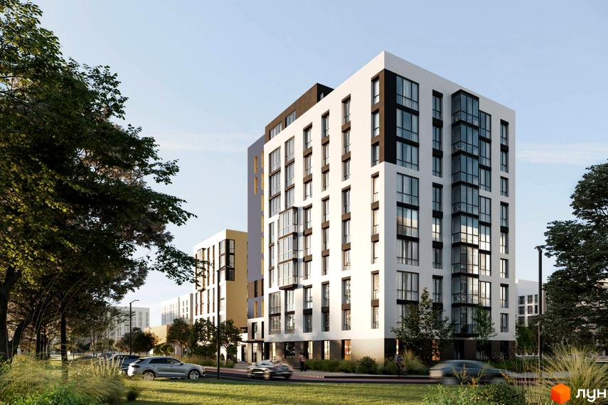 Сучасний житловий комплекс на вулиці Текстильна, 21 з біло-чорними фасадами та великими вікнами. Навколо будинку зелена прибудинкова територія з деревами та автомобілями.