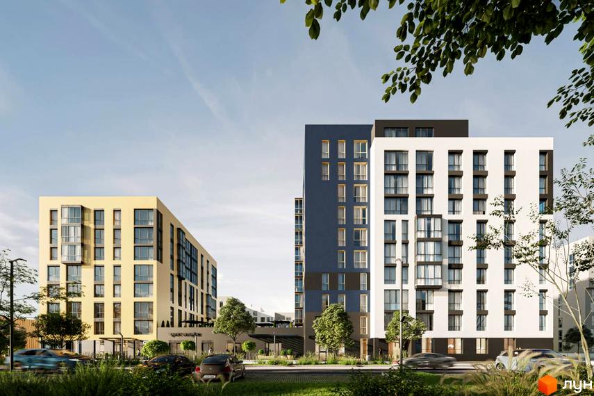 Зовнішній вигляд житлового комплексу на вул. Текстильна, 21: жовта та біло-синя будівлі з великою кількістю вікон. Прибудинкова територія з деревами та автомобілями.