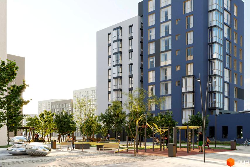 Житловий комплекс на вулиці Текстильна, 21. Сучасна архітектура з синім фасадом та великими вікнами, облаштований двір з дитячим майданчиком та зонами відпочинку.