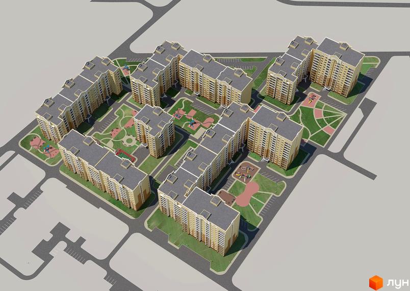 Вид зверху на будівлі житлового комплексу Софія Київська. На території комплексу є дитячі майданчики та зелені зони.