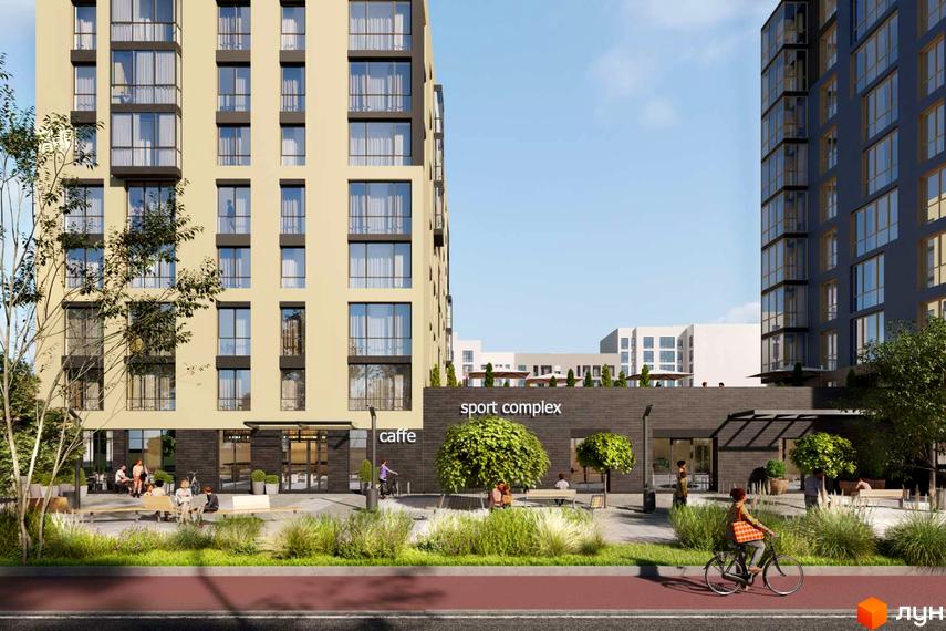 Зовнішній вигляд житлового комплексу на вул. Текстильна, 21, з фасадами світло-бежевого кольору та великими вікнами. На прибудинковій території розташований спортивний комплекс та зона відпочинку з лавками.