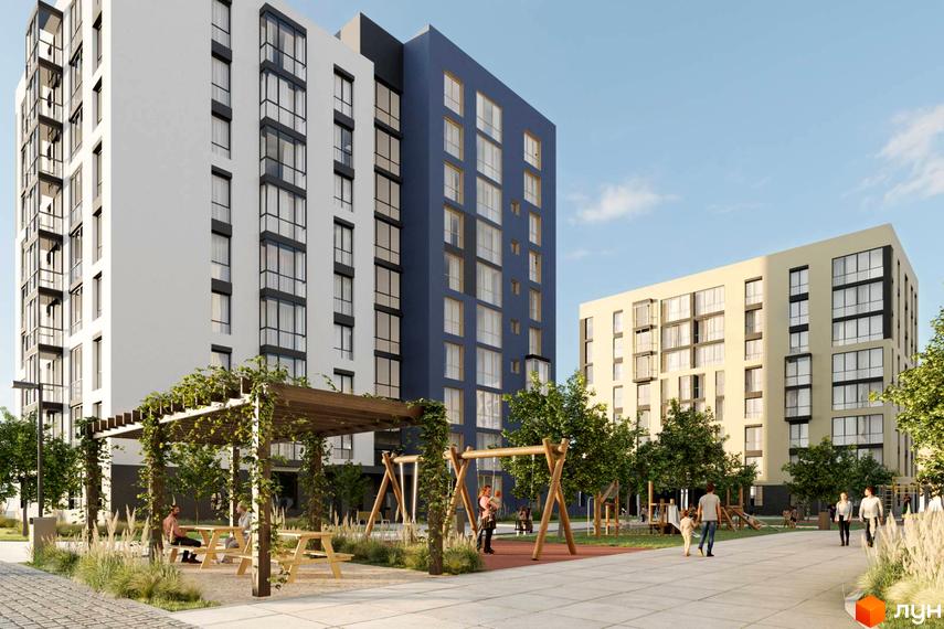 Зовнішній вигляд трисекційного житлового комплексу з панорамними вікнами та балконами, дитячий майданчик, зона відпочинку з альтанкою та лавками.