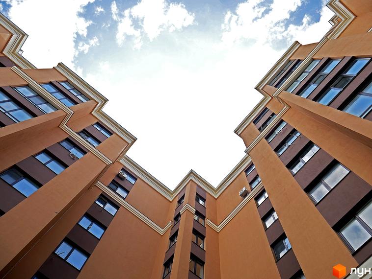 Житловий комплекс Софіївські Липки - фасади будівель з коричневими та бежевими елементами, багато вікон, вид знизу на тлі неба з хмарами.