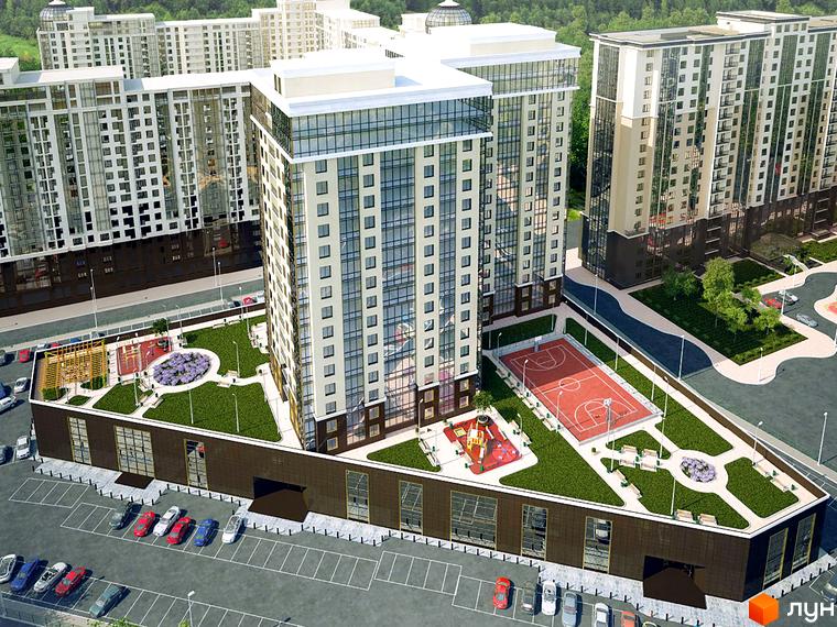 Зображення житлового комплексу Сорок перлина. Високі будинки з панорамними вікнами, поруч дитячий майданчик, спортивний майданчик та парковка.