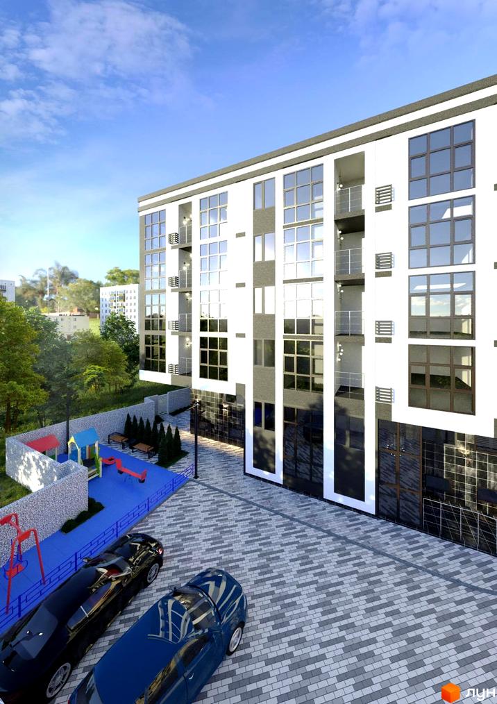 Житловий комплекс Club House: багатоповерховий будинок з білим та сірим фасадом, великими вікнами, дитячий майданчик та парковка.
