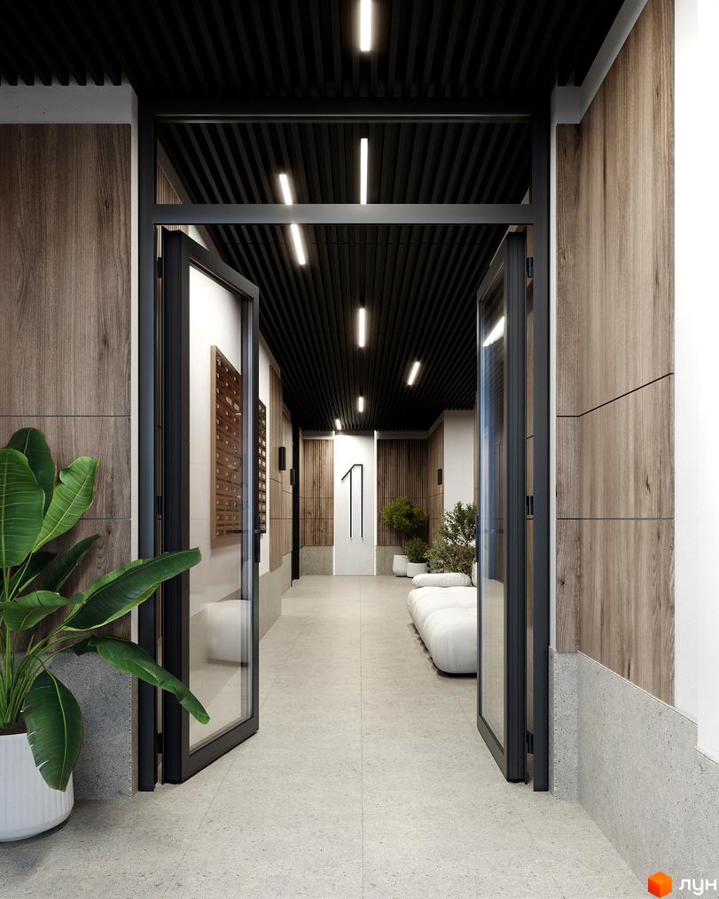 Вхідна група житлового комплексу GLOBUS BALANCE з дерев'яними панелями та скляними дверима. Сучасний дизайн інтер'єру холу з лінійним освітленням та рослинами.