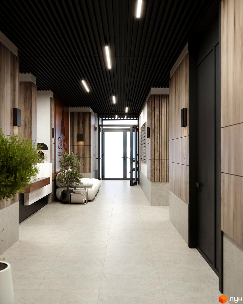 Сучасний інтер'єр холу житлового комплексу GLOBUS BALANCE з дерев'яними панелями та освітленням. Просторий коридор з дверима та рослинами.