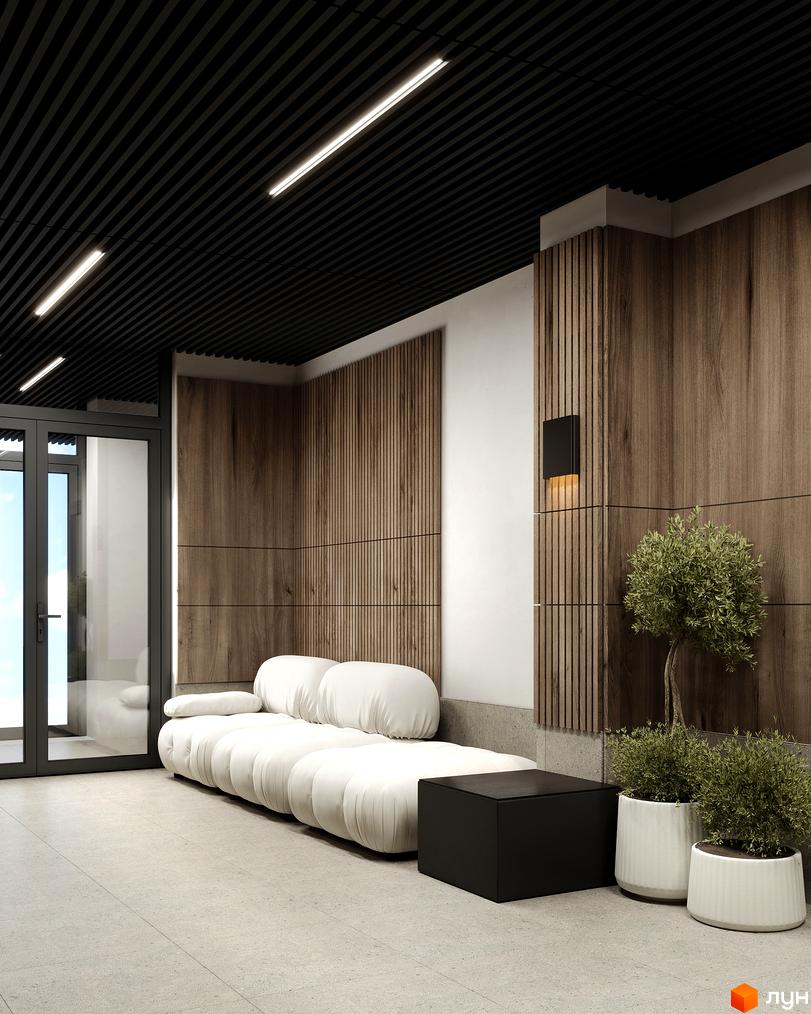 Інтер'єр холу житлового комплексу ЖК GLOBUS BALANCE з білим диваном, дерев'яними панелями та рослинами в горщиках. Сучасний дизайн та функціональне освітлення.