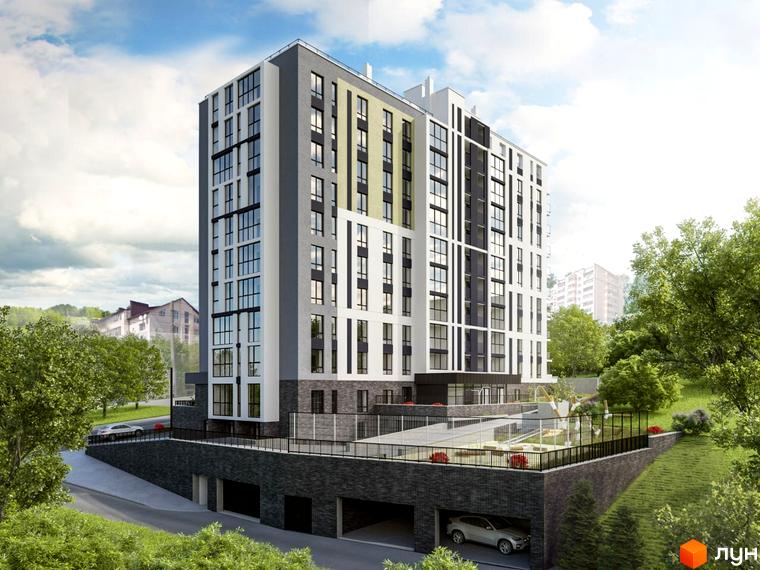 Житловий комплекс River Park: багатоповерховий будинок з комбінованими фасадами та великими вікнами. Прибудинкова територія з підземним паркінгом та зеленим двором.