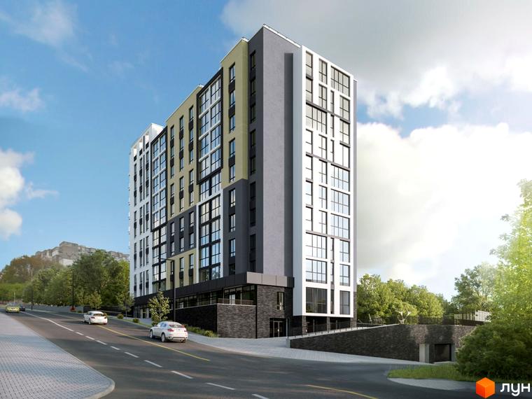 Житловий комплекс River Park: багатоповерховий будинок з фасадом у світлих та темних відтінках. Перед ним дорога з автомобілями, навколо багато зелені.