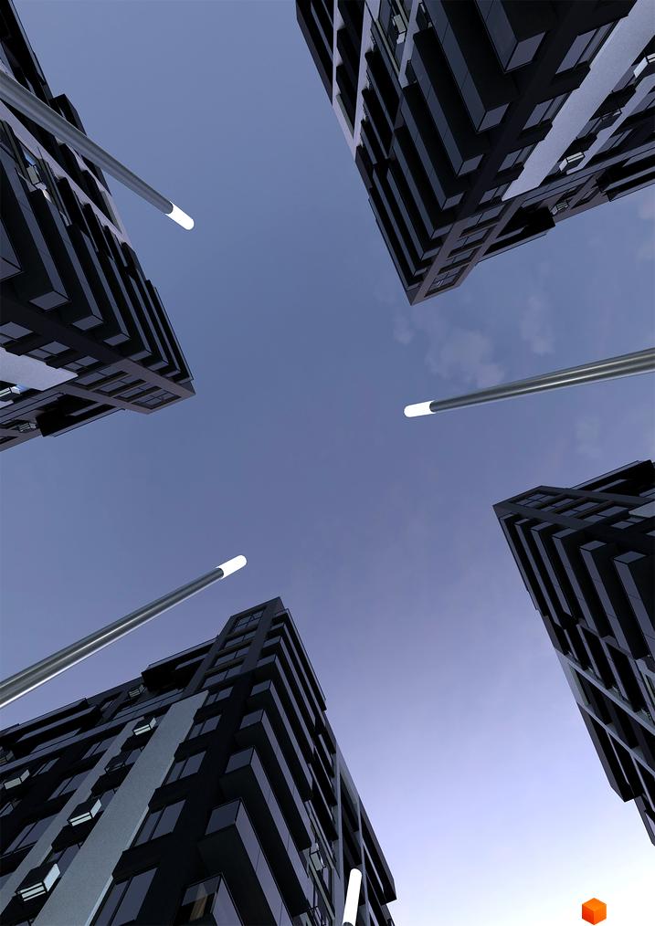 Вид знизу вгору на висотні будинки ЖК Manhattan Up з темними фасадами. На тлі небо та ліхтарі.