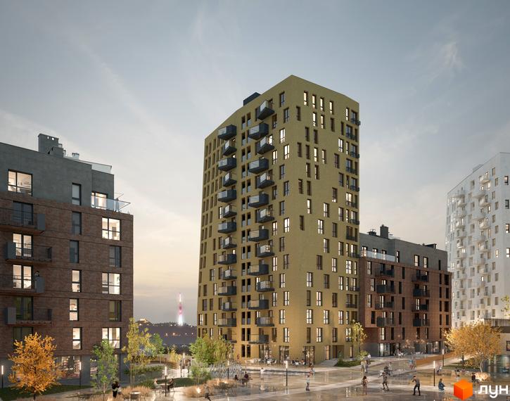 Житловий комплекс Viking Hills: сучасна архітектура з цегляним фасадом та просторим двором з деревами та місцями для відпочинку.