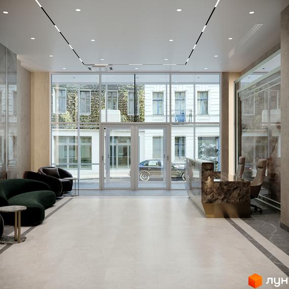 Сучасний хол житлового комплексу Prestige Residence з великими вікнами, що виходять на вулицю, та зоною відпочинку з диванами та кріслами.