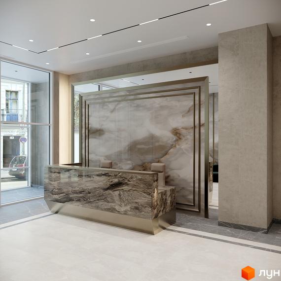 Стійка рецепції з мармуровою стільницею в лобі ЖК Prestige Residence. Велике мармурове панно на стіні за стійкою.
