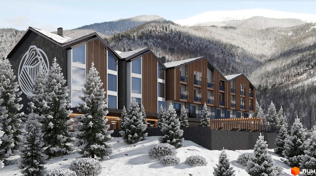Зимовий вигляд апарт-комплексу „Меланіт Резорт & СПА“ з дерев'яними фасадами на тлі засніжених гір. На передньому плані засніжені ялинки та кущі.